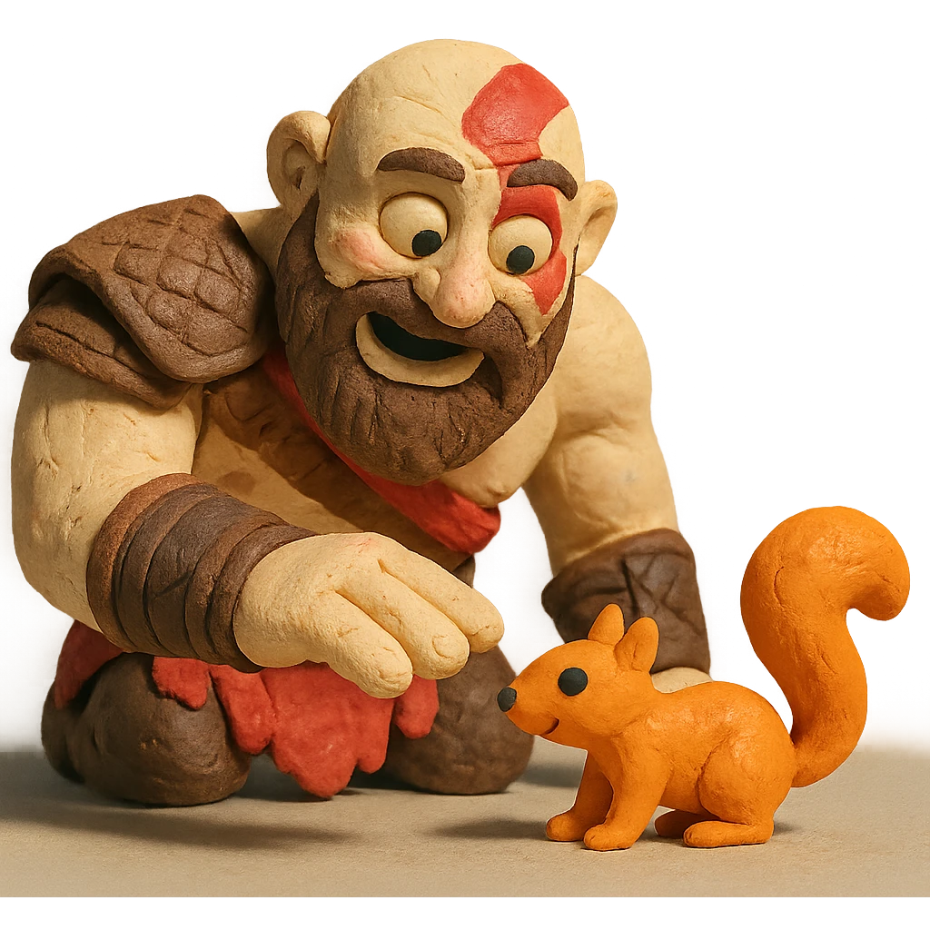 Kratos in a silly situation, trying to pet a tiny squirrel emoji