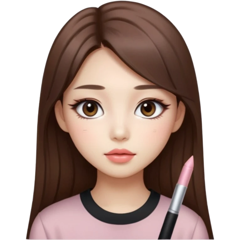 “korean straight long brown hair Emoji girl, soft eyeliner and blush, gradient lips, light brown shimmer eyeshadow emoji