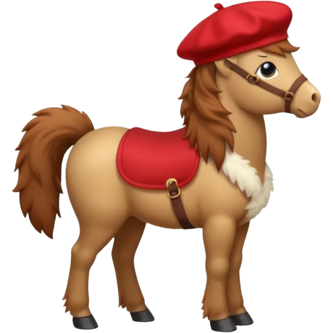 A cute pony (horse) emoji, full body, standing in side view, wearing a stylish red beret. emoji