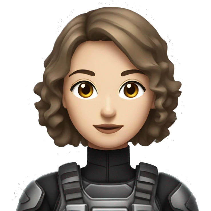 A young woman with a petite and slender build, pale, hazel eyes, and brown hair with a silver strand. She’s wearing black, tactical battle gear. emoji