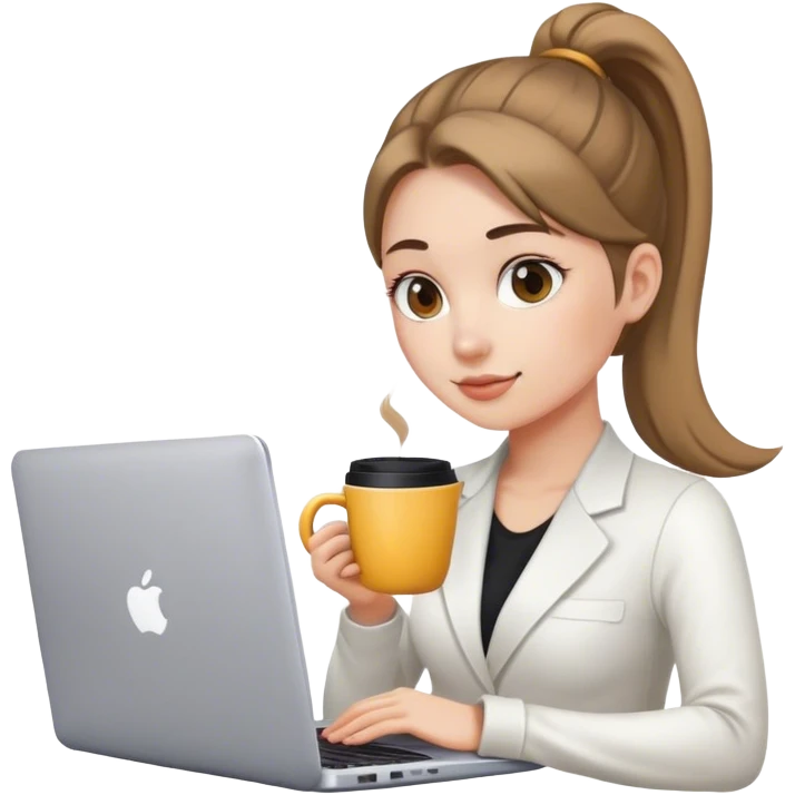Graphic designer with a ponytail with her laptop and a coffee cup emoji