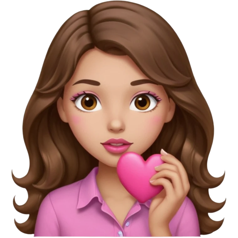 girl with long wavy brown hair, brown eyes, light to medium complexion, in a pink shirt, pink lips, long lashes, sexy , puckering, blushing, kissing a heart sexy emoji