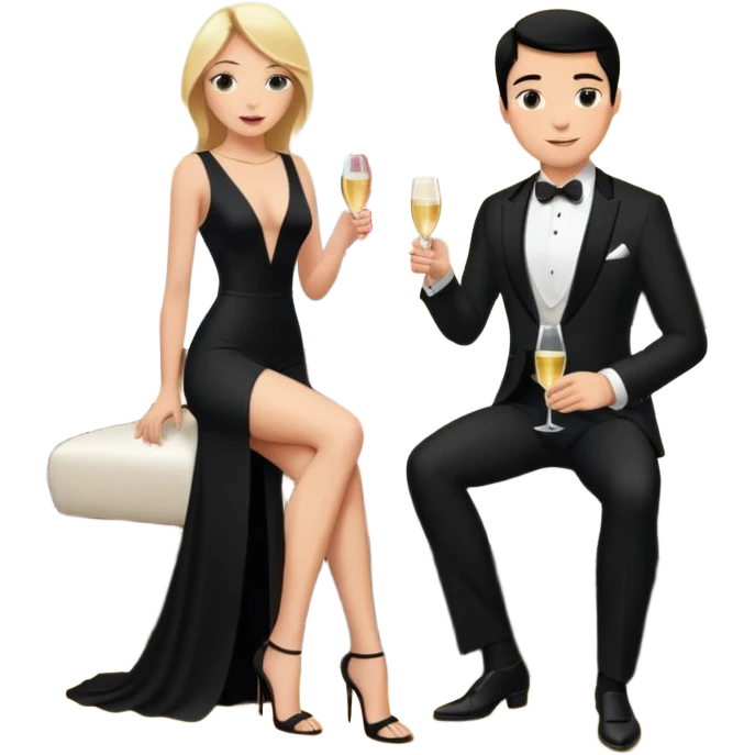 Blonde woman, black, Long, tight, sleveless Dress, Slot left Leg, man, DARK Hair, in Dinner jacket, Background bedroom, drinking champaign emoji