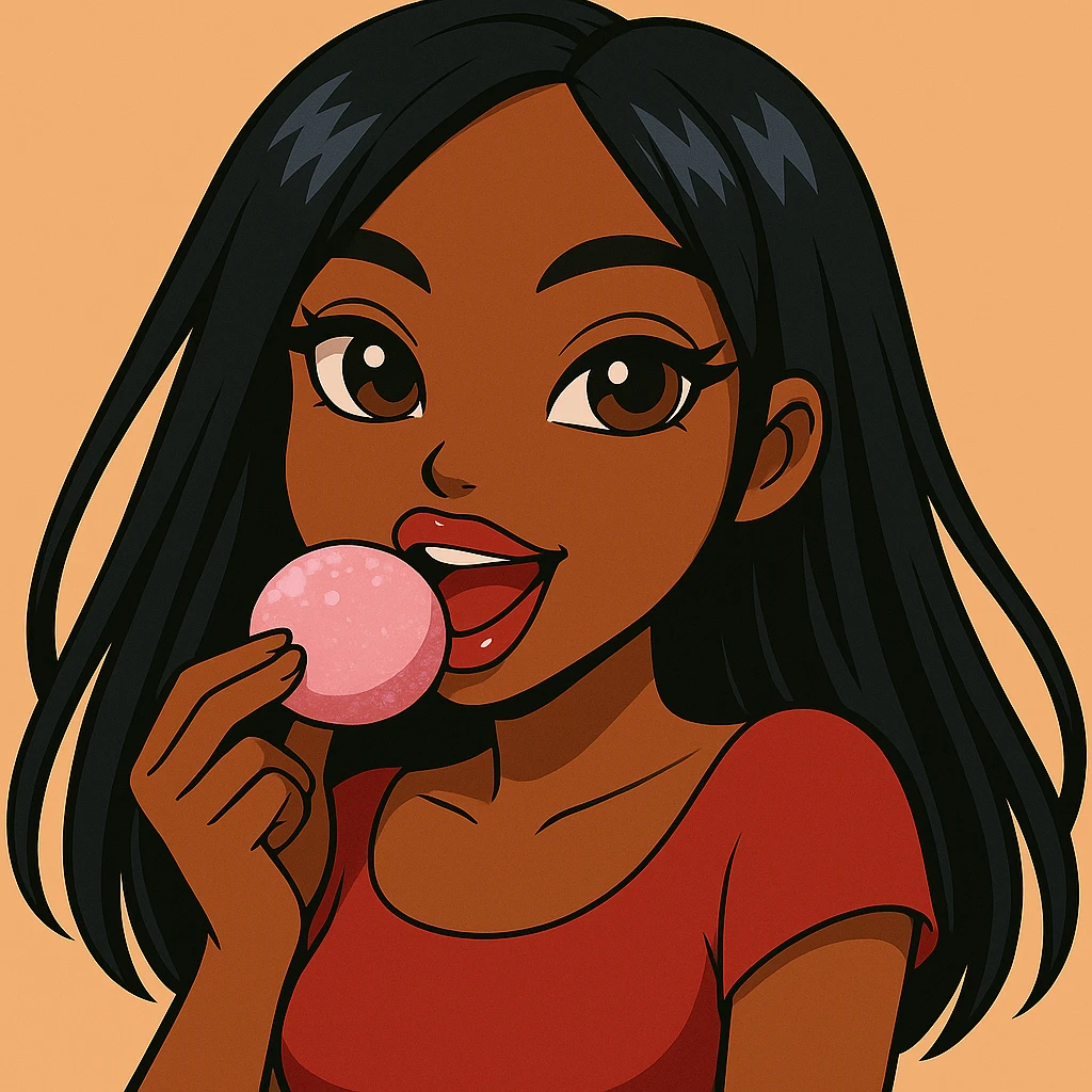 Change the pose to eating pink mochi ice cream, headshot only, 20-year-old anime Bratz style woman with dark skin, straight hair, brown eyes, red shirt, trendy outfit, glossy lips, no hat, no tears, happy expression, both eyes open, looking straight ahead. emoji