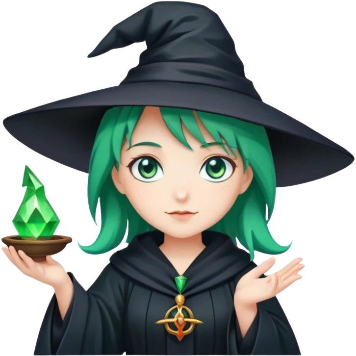A magical girl in a black robe and a witch's hat with green magic in her hand, green hair and blue eyes emoji