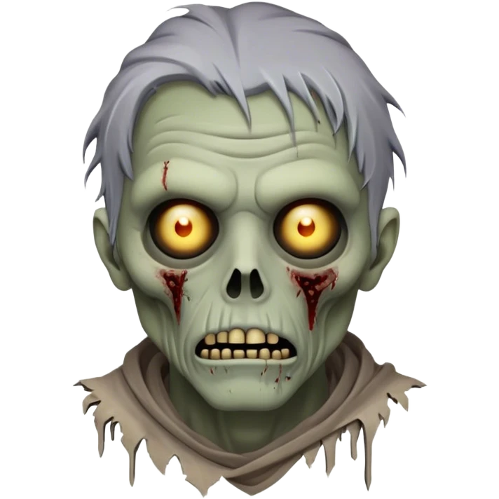 Cinematic Noble Zombie Portrait Emoji, Surprisingly dignified and somber, with a decaying yet strangely regal visage in ashen grays and muted tones, draped in tattered attire hinting at a lost grandeur, simplified yet meticulously detailed, glowing with a soft, eerie radiance and a gentle outline that evokes the tragic nobility of the undead! emoji