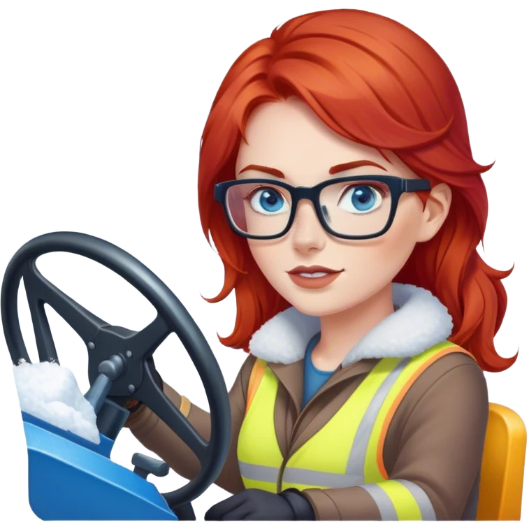  a lady with red hair, blue eyes and glasses driving this snowplow emoji