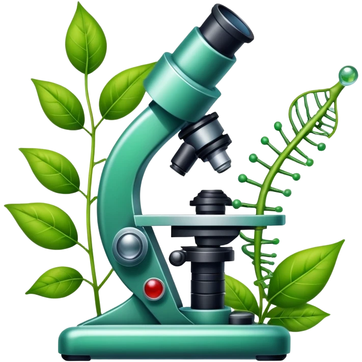 An icon featuring a DNA strand, a microscope with visible cells, and a green leaf, symbolizing biology. The design includes animal cells, plant structures, representing the study of living organisms and ecosystems. Transparent background highlights life sciences and biological research. emoji