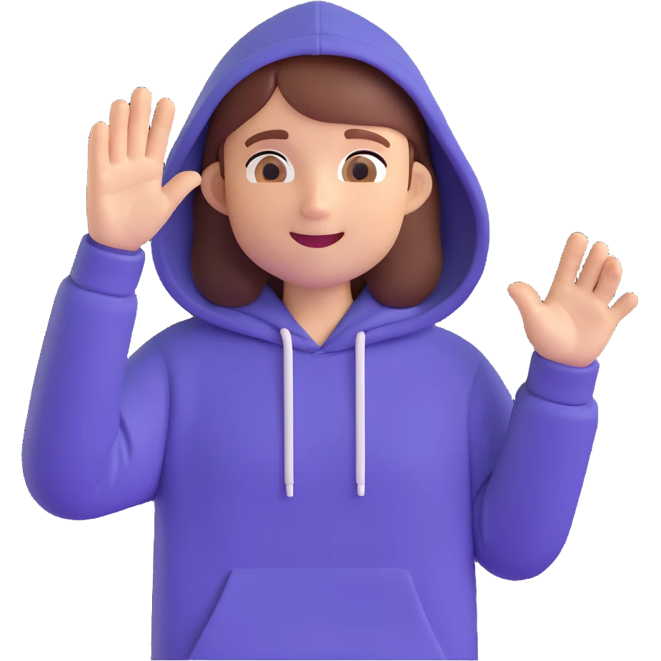 memoji of a college student, waving, wearing a hoodie, energetic and approachable emoji
