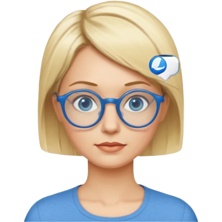 femme 40 ans cheveux garçon blond avec raie sur le coté, yeux bleu et lunettes rondes bleues emoji