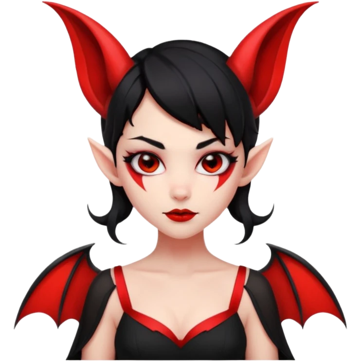 demon girl, skin red (no pale/blush), black hair, small horns, pointed ears, bat wing, black open-back dress, bold black outlines, red+black palette emoji