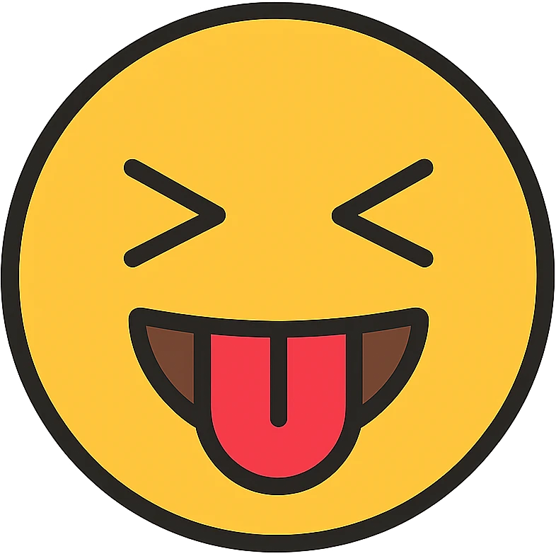 emoji face with eyes squeezed shut in excitement, mouth open in a wide smile, tongue reaching up to the top lip, modern icon style emoji