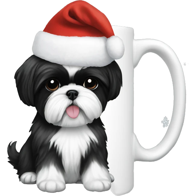 Black and white shih tzu wearing a Christmas hat sitting in a little mug emoji