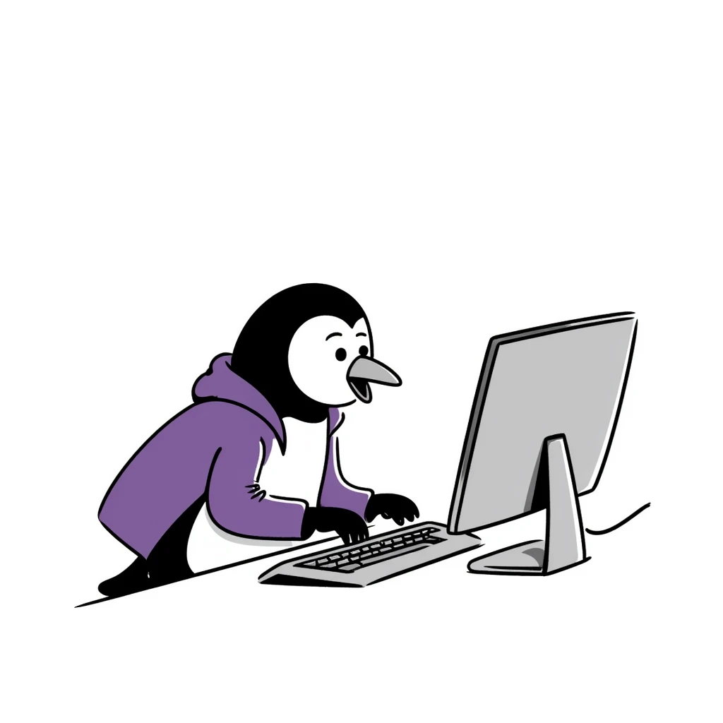 A hand-drawn penguin wearing a purple hoodie typing enthusiastically on a computer keyboard emoji