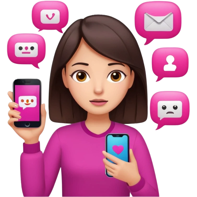 Social media manager. She has dark brown hair, brown eyes, overwhelmed expression, slightly stressed face,a holding a smartphone with notifications piling up. Use vibrant colors with a focus on pink and fuchsia tone emoji