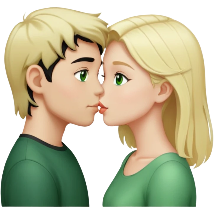 Kissing couple of boy with short black hair and green eyes and blonde girl with long hair emoji