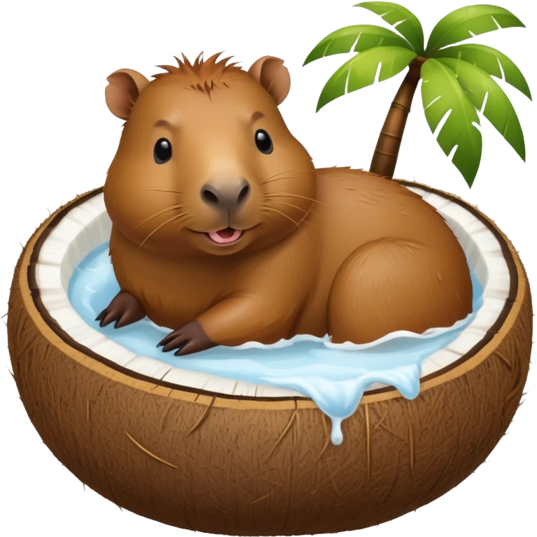 Happy capybara relaxing inside a halved coconut like a bathtub emoji