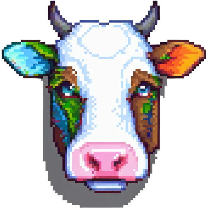 ultra-minimal blocky Minecraft cow head emoji with one large colorful square pixel, perfectly square, extremely simple, abstract, playful, childlike emoji