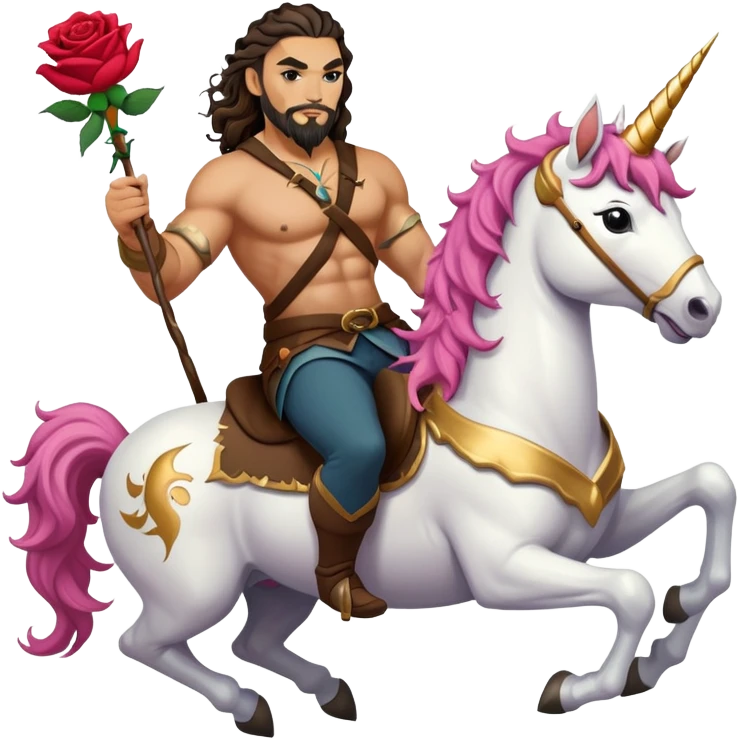 Jason momoa riding a unicorn with a rose in his hand  emoji