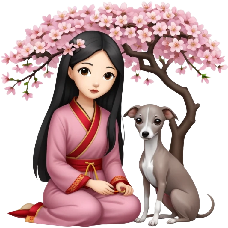 A young Chinese girl with long black hair and a dark grey Italian Greyhound with absolutely no white marks on its body or nose sitting under a cherry blossom tree emoji