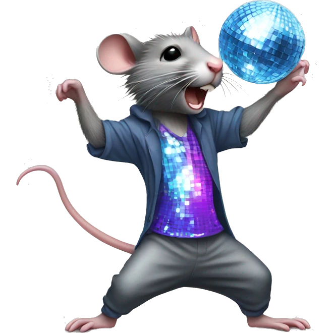 A rat dancing under a disco ball emoji