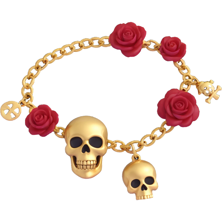 gothic bracelet with crimson velvet band, gold skull charm, deep red rose accent, dramatic and gothic style emoji