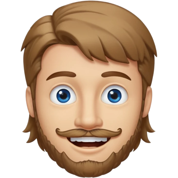 25 year old man, short scruffy beard and sparse moustache, brown puffy mullet, blue eyes, big smile, white teeth, big lips, pronounced jaw emoji