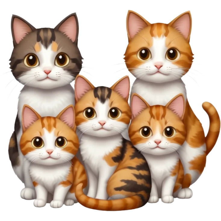 3 different coloured small cats including a dark brown tabby and white, and a patchy calico, and a ginger and white emoji