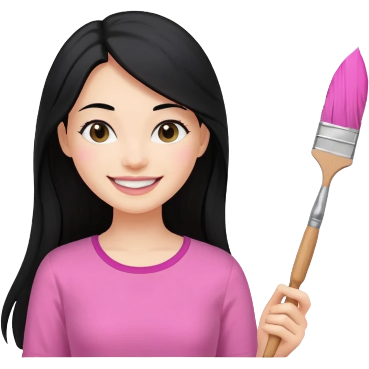 Painting women. smilling   Long black hair,  lunette peinture top pink, pinceau emoji