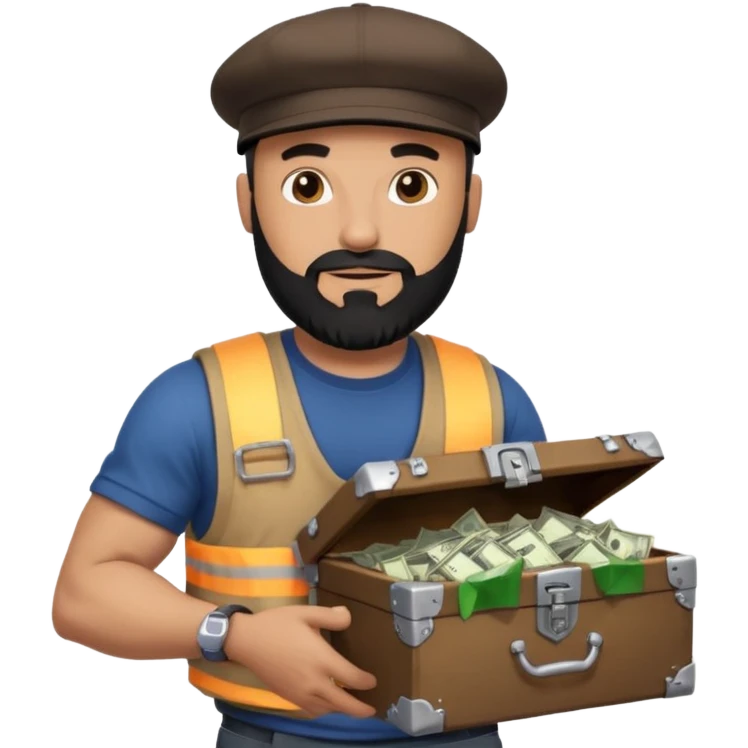 Strong bald man black beard snapback, holding treasure chest full of papers, Instagram logo glowing, dollar signs, minimalStrong bald man black beard snapback, holding treasure chest full of papers, Instagram logo glowing, dollar signs, minimal emoji