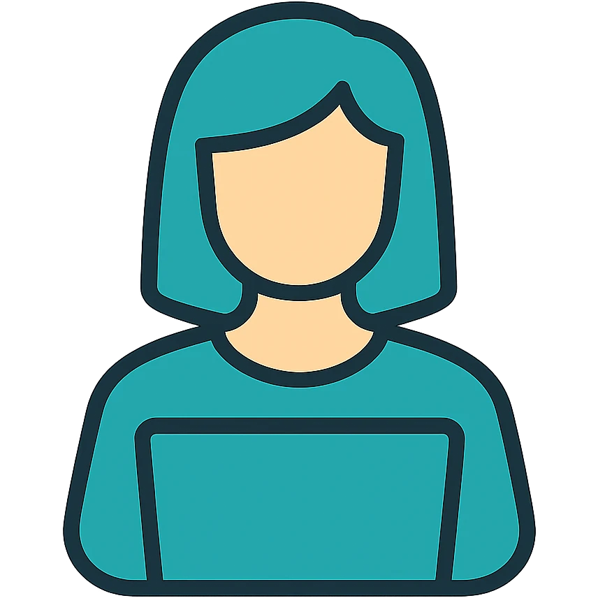 Icon style illustration of a teal woman at a laptop, simple, clean, minimal design, matching the reference image. emoji