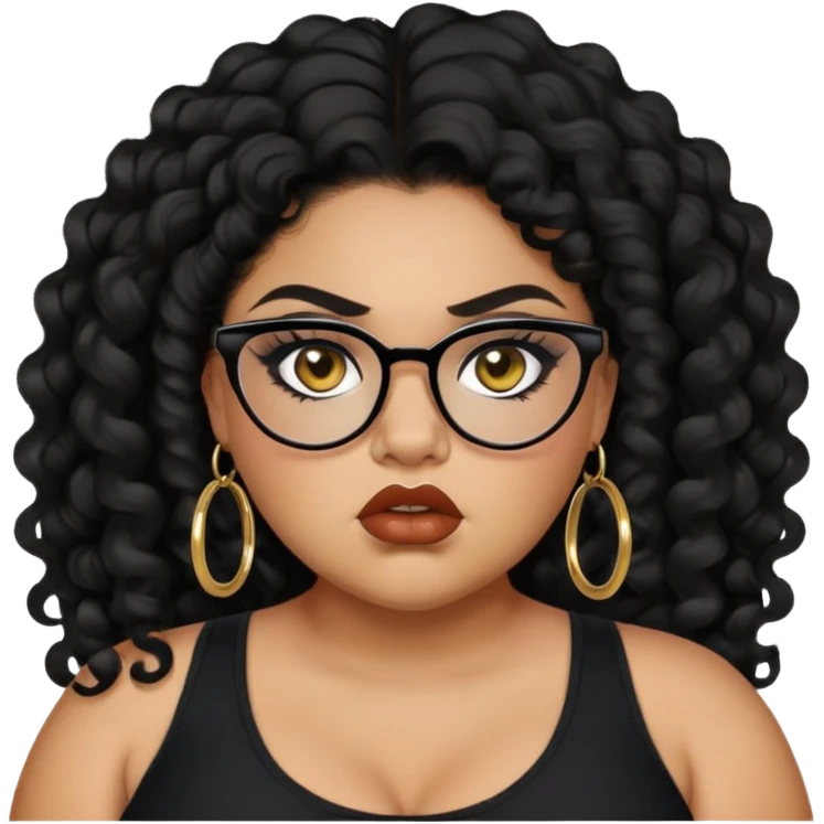angry, teen big plus size, latina, darker tan skin, natural lipgloss, small gold hoops, long black curly hair, baddie,pretty, makeup, black eyeliner, black top, black glasses emoji