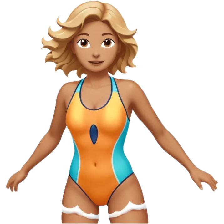 woman standing in the ocean with visible waves around her, medium shot showing upper body and surrounding water, waves clearly rising and splashing, dynamic sea motion, confident expression, 3D cartoon style, mobile game icon style, clean composition, no text, no watermark
  emoji