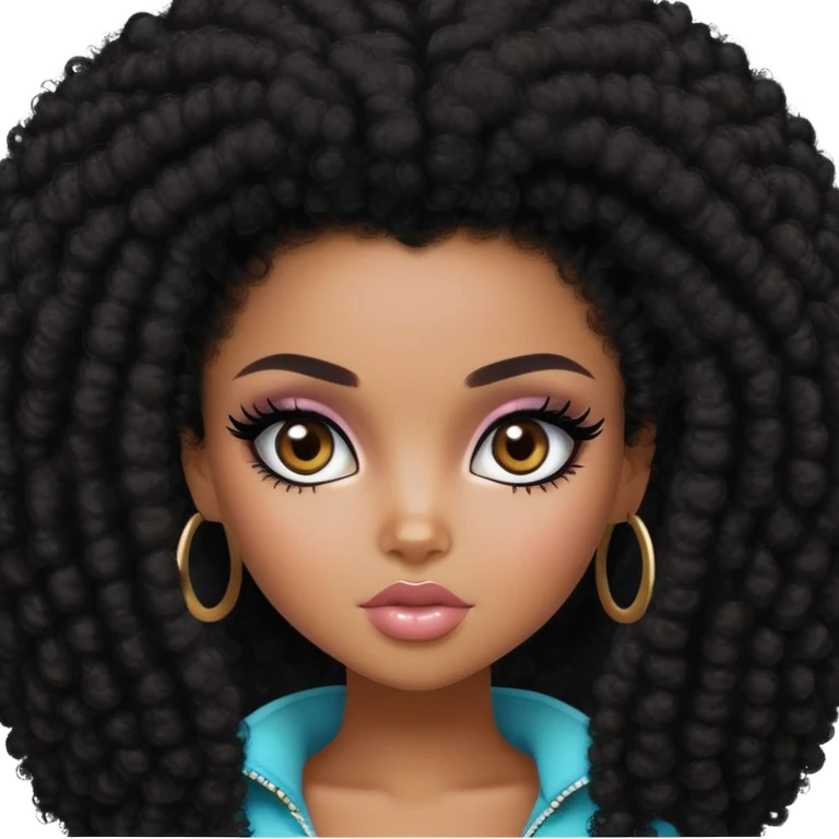pretty bratz girl, dark black big afro, dark brown eyes, y2k fashion, black eyeliner, deep brown skin emoji