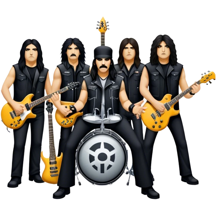 Icon for Heavy Metal: Anthrax live concert with Charlie Benante on drums, Joey Belladonna on vocals, Frank Bello on bass, Jonathan Donais and Scott Ian on guitars. The intense energy of the band is captured with instruments and stage lighting. Transparent background. emoji
