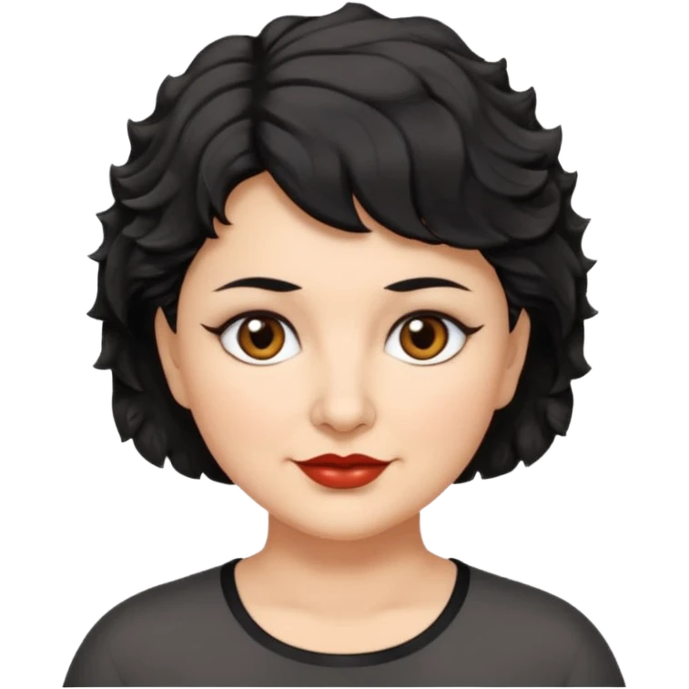 woman 60, brown eyes, very short black wavy wolf cut hair, chubby emoji