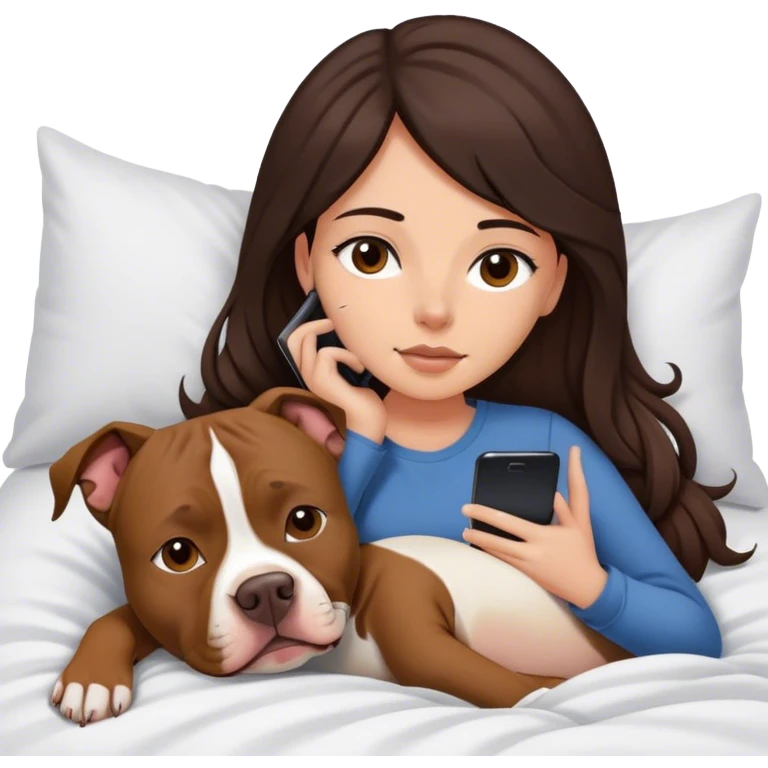 Girl long dark brown hair in layers cascading  down her face lays bed with her cell phone and her brown pit bull lays guarding her emoji