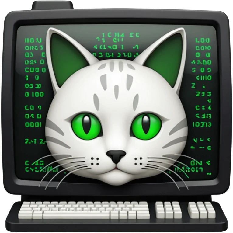 mac os icon code computer retro terminal, black, green white, cat draw as ASCII code inside the terminal emoji