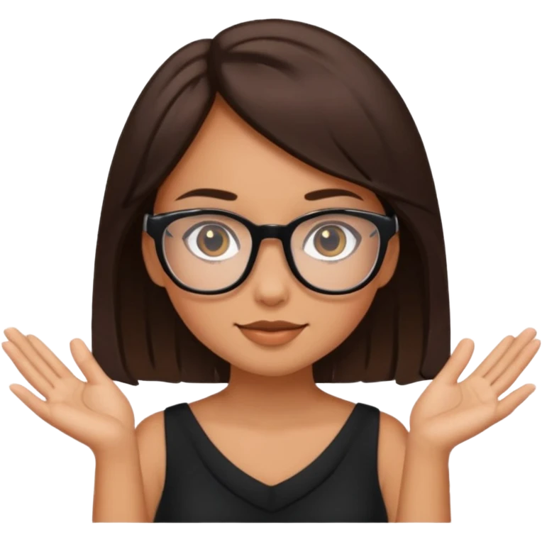 a cute brunette girl in a black dress wearing glasses  with two hands  emoji