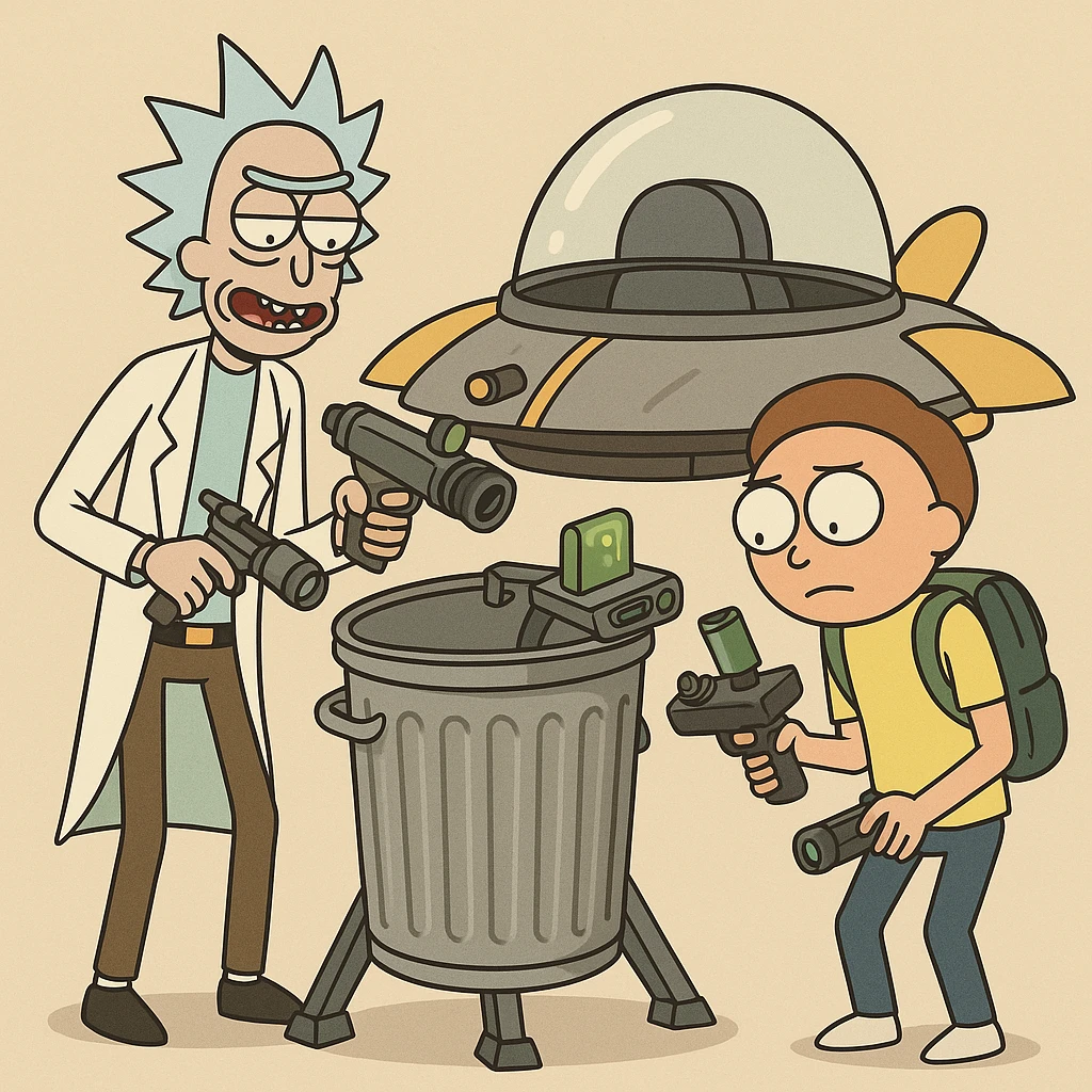 Rick and Morty preparing for new adventune. The're checking their equipment. And they trashcan space ship emoji