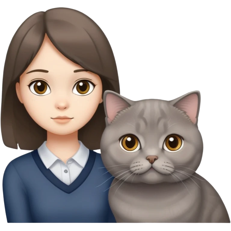 Grey scottish fold cat and brunette girl emoji