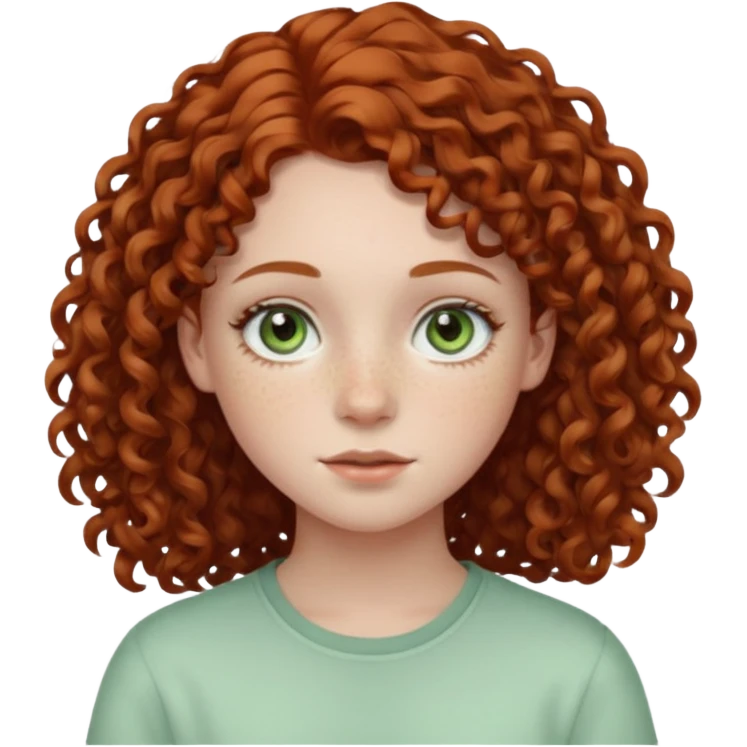 pale teen girl with light green eyes and freckles that has curly auburn hair in a middle part emoji