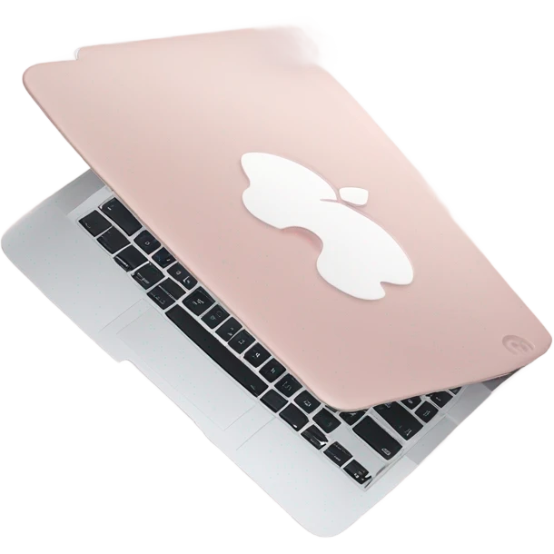 A sleek and modern MacBook Air laptop in a soft pastel pink color. The Apple logo on the back of the screen is white, contrasting elegantly with the pink finish. The laptop is slightly open, showing a glimpse of the white keyboard and silver edges. The design is minimalist and stylish, reflecting a premium aesthetic. emoji