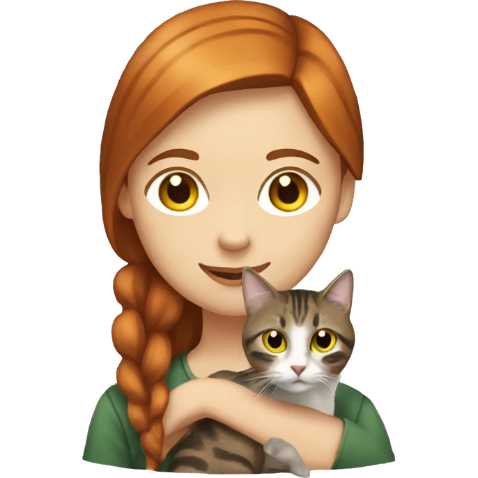 red haired girl with green eyes holding a brown and gray tabby cat with yellow eyes emoji