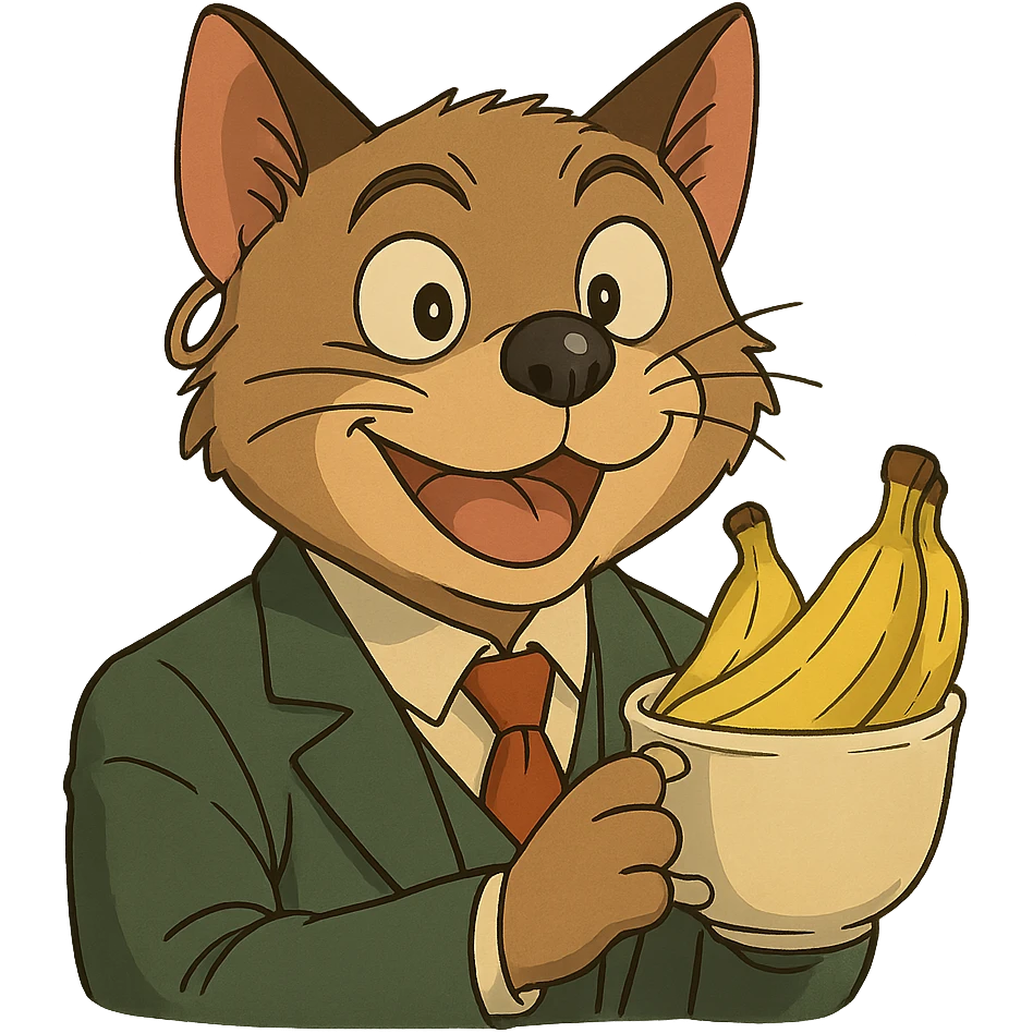 ghibli style cat with a dog nose, wearing a suit, earring, holding a cup of bananas, playful expression emoji