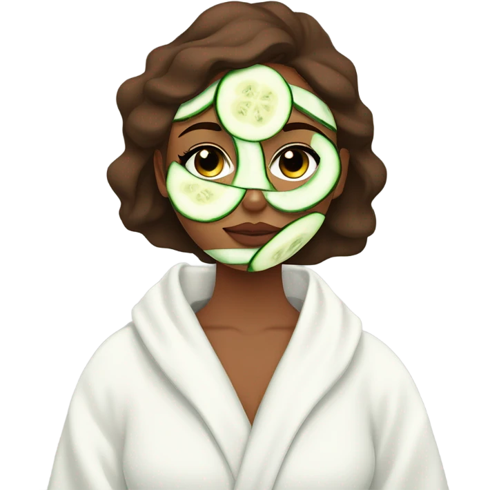 Girl with freackles Brown hair white skin and blue eyes wears Green colored texture skin care mask all over her face while She relaxes and puts two round piece of cucumber on her closed eyes In a white Robe emoji
