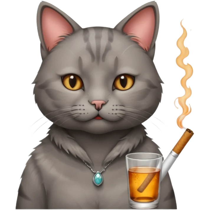 hazme a un gato fumando cigarro mientras toma alcohol y está depre emoji