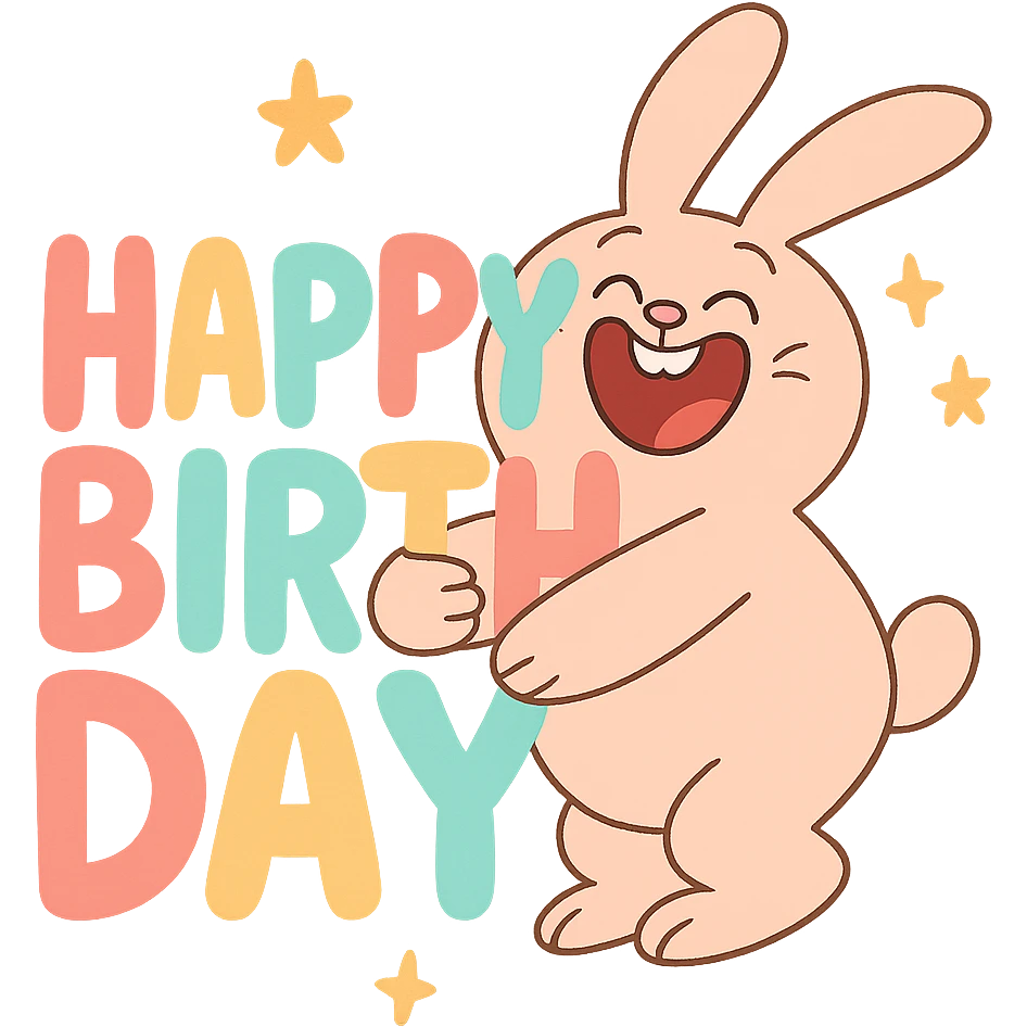 laughing bunny hugging "Happy Birthday" letters with stars, soft pastel colors, calArts 2010s cartoon style emoji
