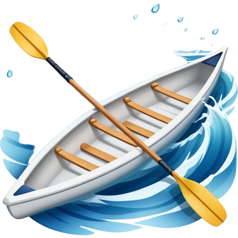 An icon showing a close-up of crossed oars, a sleek racing shell, and rippling water, symbolizing rowing. The design includes droplets in motion and a streamlined boat tip cutting through waves. Transparent background emphasizes strength, precision, and the spirit of competitive rowing emoji