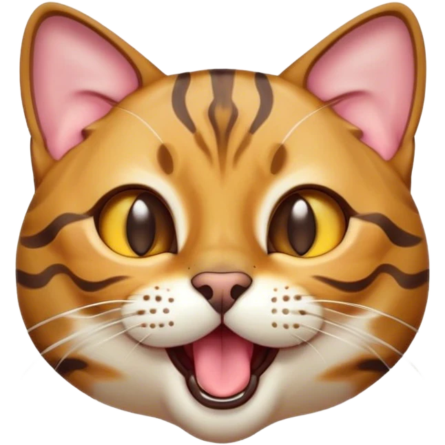 Cinematic Cute Bengal Cat Portrait Emoji, Head tilted playfully and yawning, sleek spotted brown and gold tones, Simplified yet adorable features, highly detailed, glowing with a warm, friendly glow, high shine, curious and affectionate, stylized with a touch of whimsy, bright and alert, soft glowing outline, capturing the essence of a mischievous yet loving kitten, so endearing it feels like it could leap out of the screen and stretch! emoji